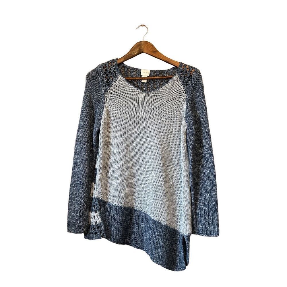 Chico's Gray and Blue Crew Neck Sweater